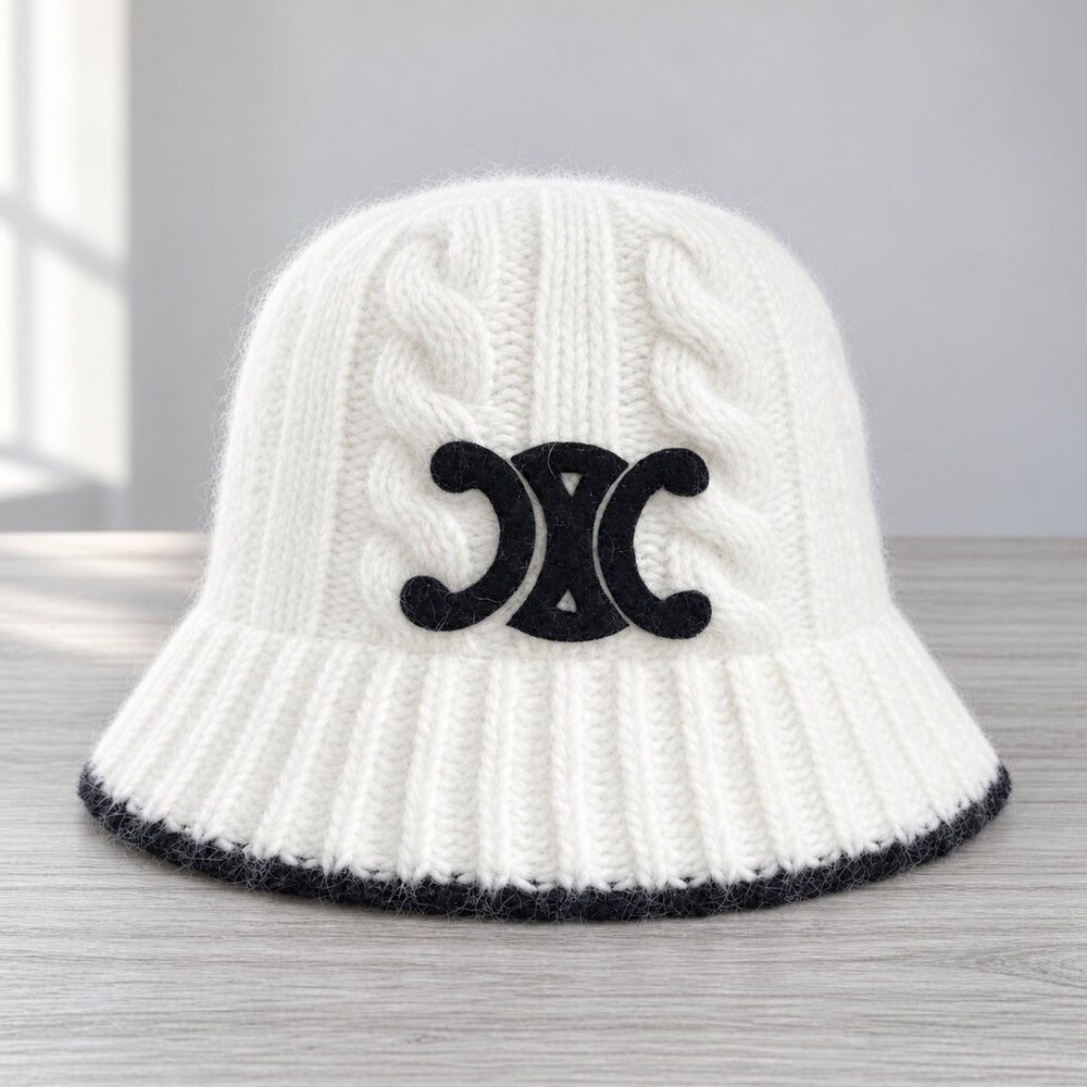 CELINE White Triomphe Knit Bucket Beanie
